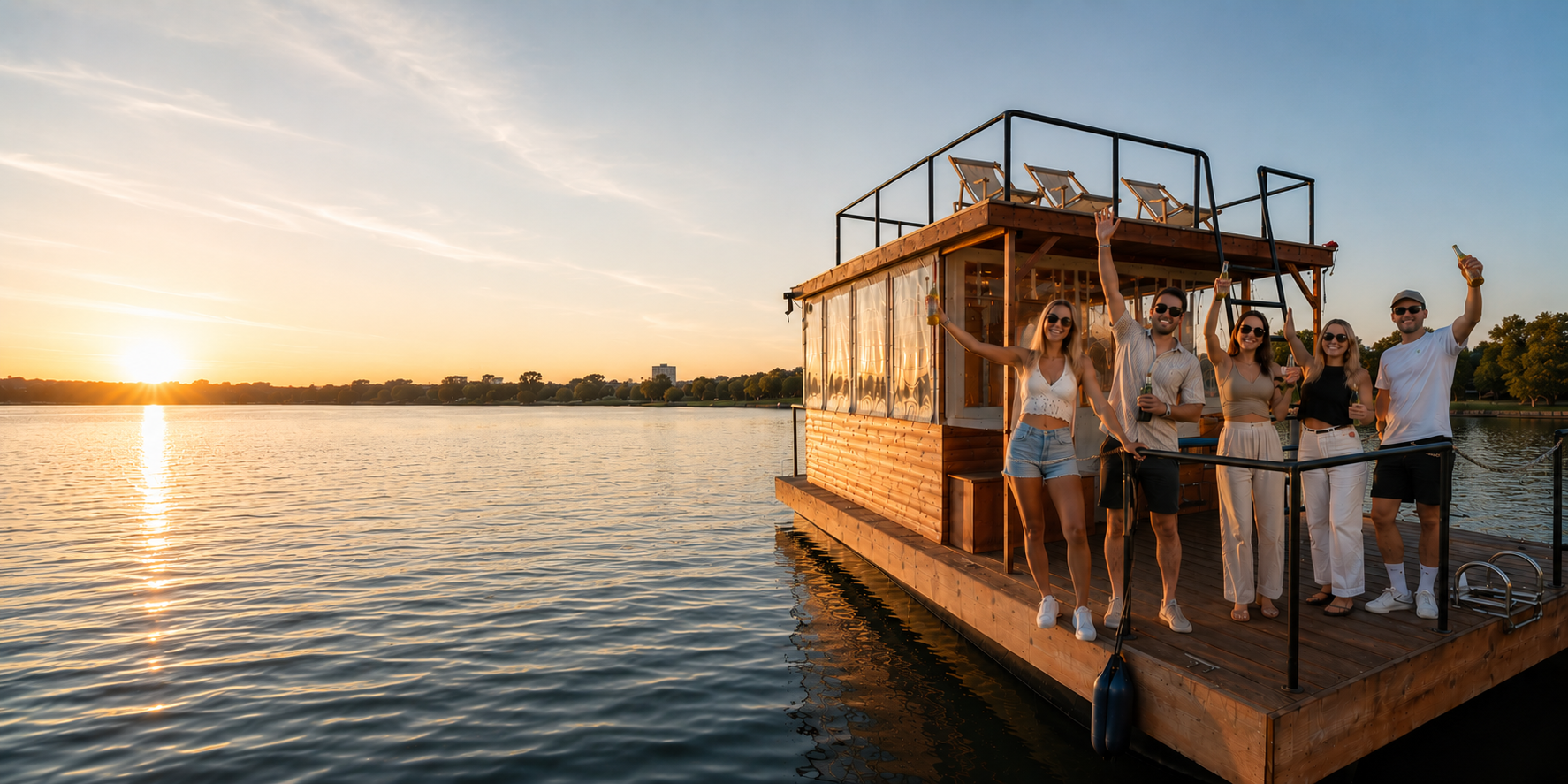 Grillfloss in Berlin mit feiernden Leuten auf Berliner See